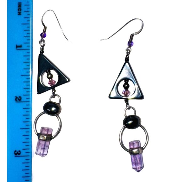 Vintage Geometric Triangle Earrings W/ Amethyst Crystal Dangle & Hematite Accent - Picture 5 of 7